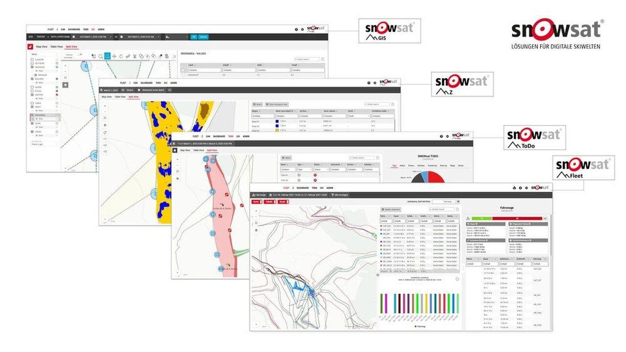 Quatre solutions – un seul look ! À partir de cette saison, les utilisateurs trouvent SNOWsat Fleet, SNOWsat ToDo, SNOWsat GIS et SNOWsat Z sur la même carte, ce qui leur permet de consulter et analyser encore plus aisément les données importantes. Quatre solutions – un seul look ! À partir de cette saison, les utilisateurs trouvent SNOWsat Fleet, SNOWsat ToDo, SNOWsat GIS et SNOWsat Z sur la même carte, ce qui leur permet de consulter et analyser encore plus aisément les données importantes.