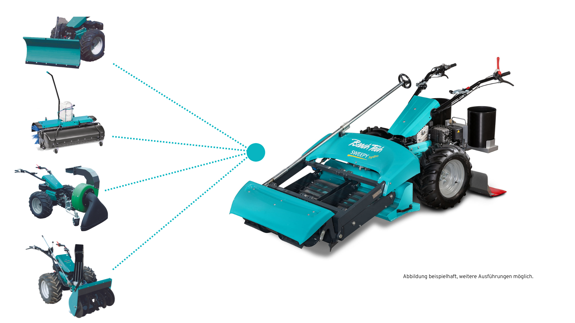 In just a few easy steps you can turn the BeachTech Sweepy into a snow remover, street sweeper, leaf vacuum or snow tiller. Further attachments are available